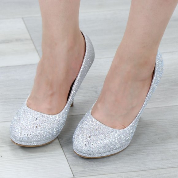 Silver Sparkly Rhinestone Glitter Diamond Platform Slip On Close Toe High Heel - Picture 4 of 16